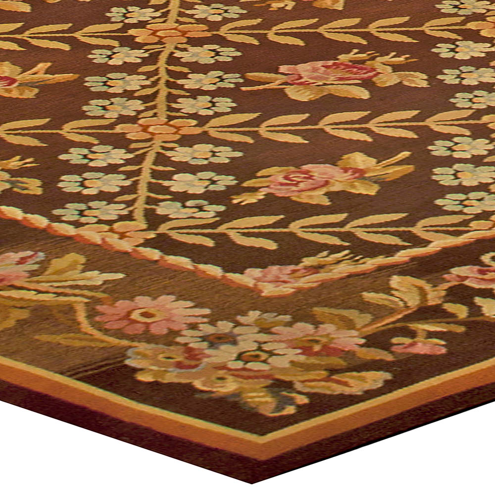 Antique French Aubusson Brown Botanic Handmade Wool Carpet BB4846
