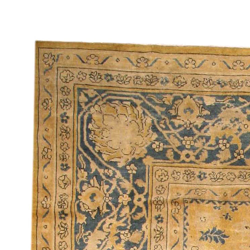 Authentic 19th Century Indian Yellow Beige Botanic Handmade Wool Rug BB3811