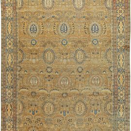 Kirman Persian Antique Allover Floral Golden Tan Hand-Knotted Wool Carpet – Circa 1880 BB2675