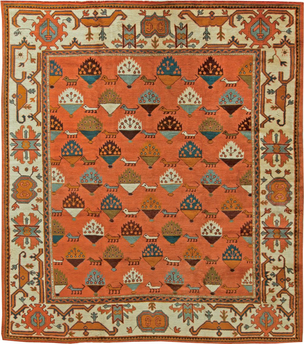 Mid-20th century Turkish Oushak Brown, Blue, White, Green, Coral Wool Rug BB6092