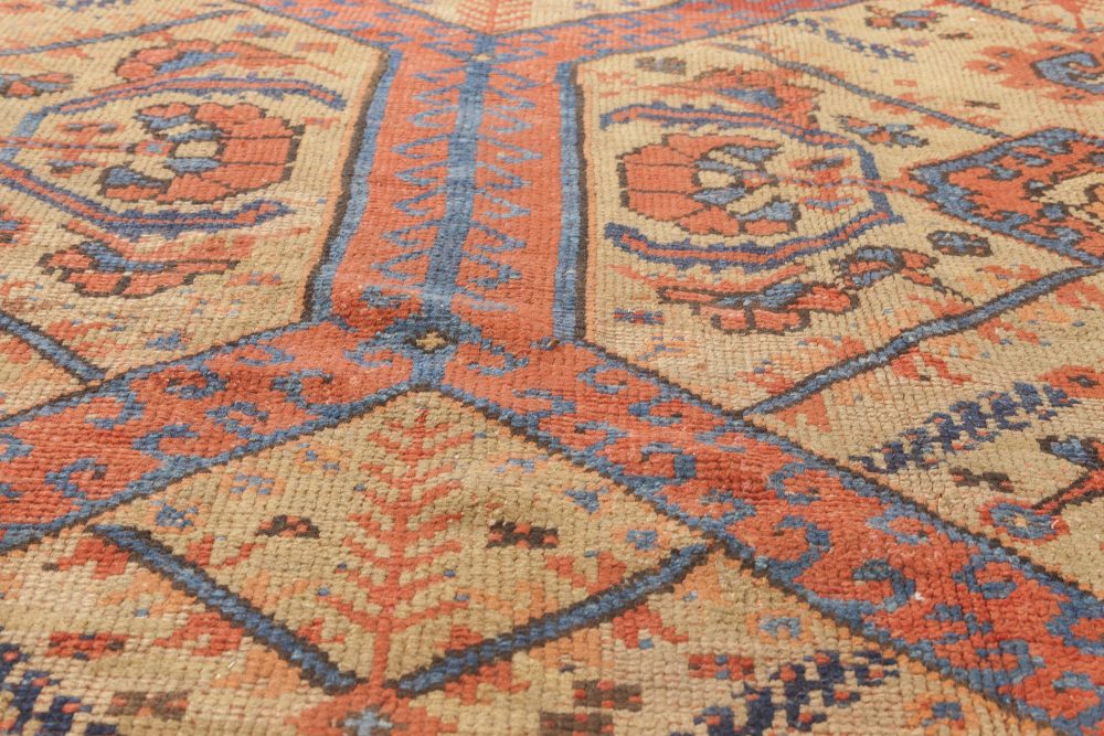 19th Century Crab Design Red, Orange, Beige and Blue Handwoven Wool Carpet BB4185