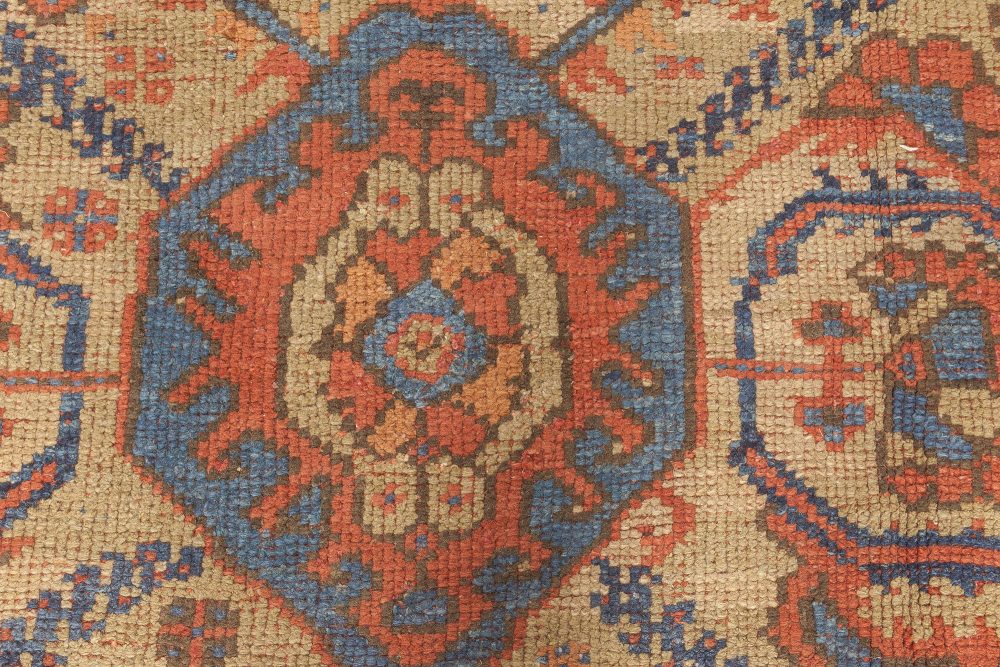 19th Century Crab Design Red, Orange, Beige and Blue Handwoven Wool Carpet BB4185