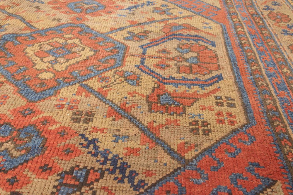 19th Century Crab Design Red, Orange, Beige and Blue Handwoven Wool Carpet BB4185