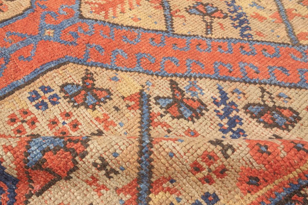 19th Century Crab Design Red, Orange, Beige and Blue Handwoven Wool Carpet BB4185