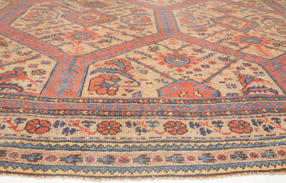 19th Century Crab Design Red, Orange, Beige and Blue Handwoven Wool Carpet BB4185