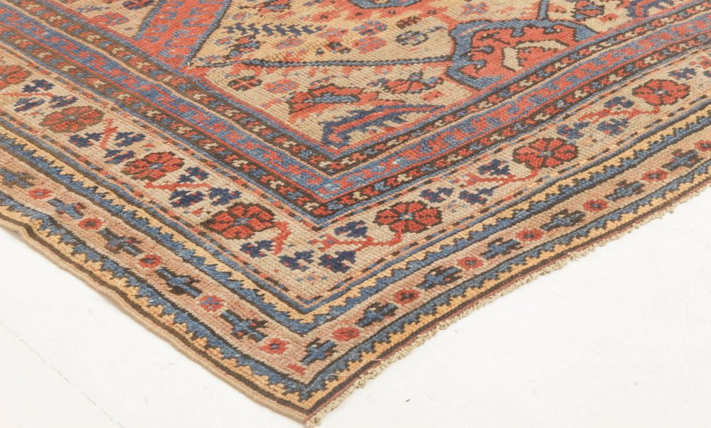 19th Century Crab Design Red, Orange, Beige and Blue Handwoven Wool Carpet BB4185