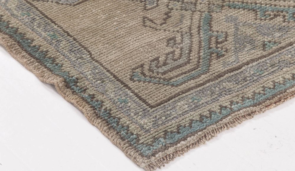 Antique Oushak Aquamarine Handwoven Wool Runner BB6492