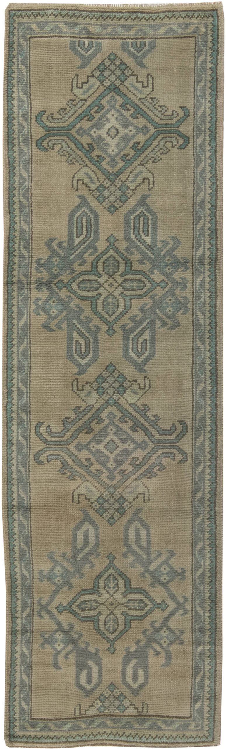 Antique Oushak Aquamarine Handwoven Wool Runner BB6492