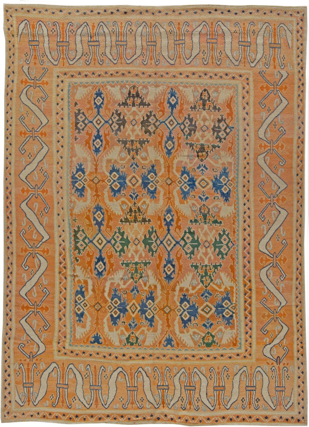 18th Century Spanish Cuenca Handwoven Muted Orange, Blue and Green Rug BB5610