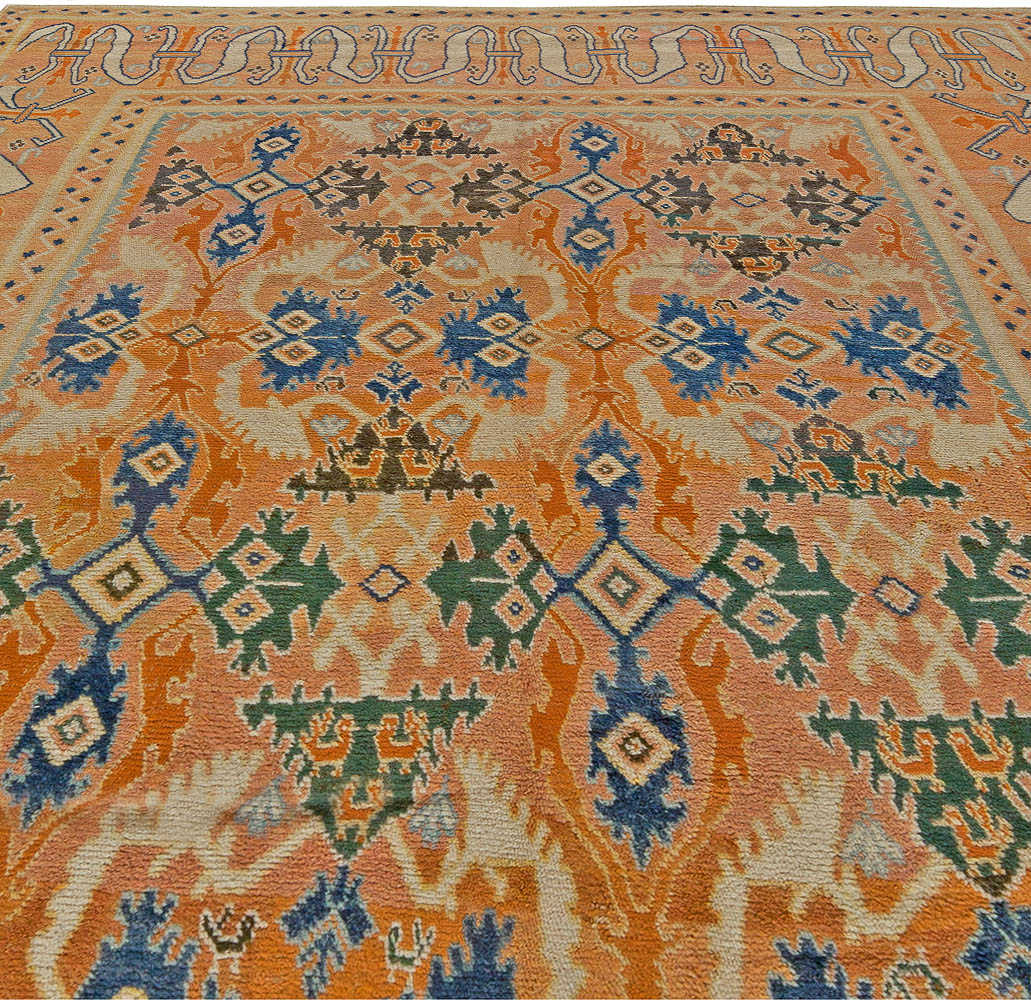 18th Century Spanish Cuenca Handwoven Muted Orange, Blue and Green Rug BB5610