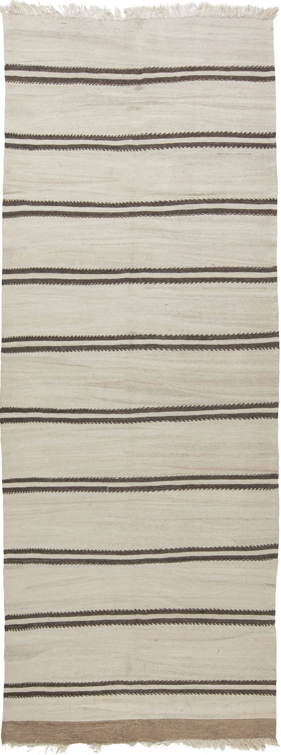 Midcentury Striped Turkish Beige and Brown Hand Knotted Wool Kilim Rug BB6503