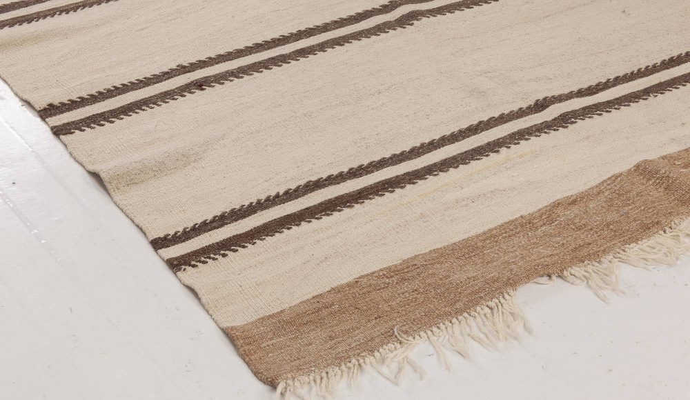 Midcentury Striped Turkish Beige and Brown Hand Knotted Wool Kilim Rug BB6503