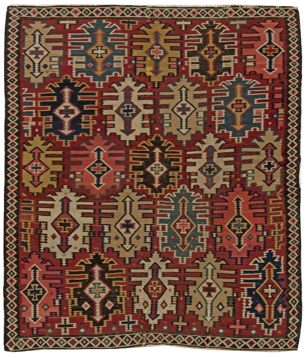 Midcentury Kuba Red, Black, Green and Beige Hand Knotted Wool Kilim Rug BB6268