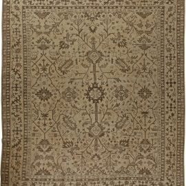Oushak Turkish Antique Floral Allover Hand-Knotted Wool Rug In Warm Tan With Brown – Circa 1920 BB5727