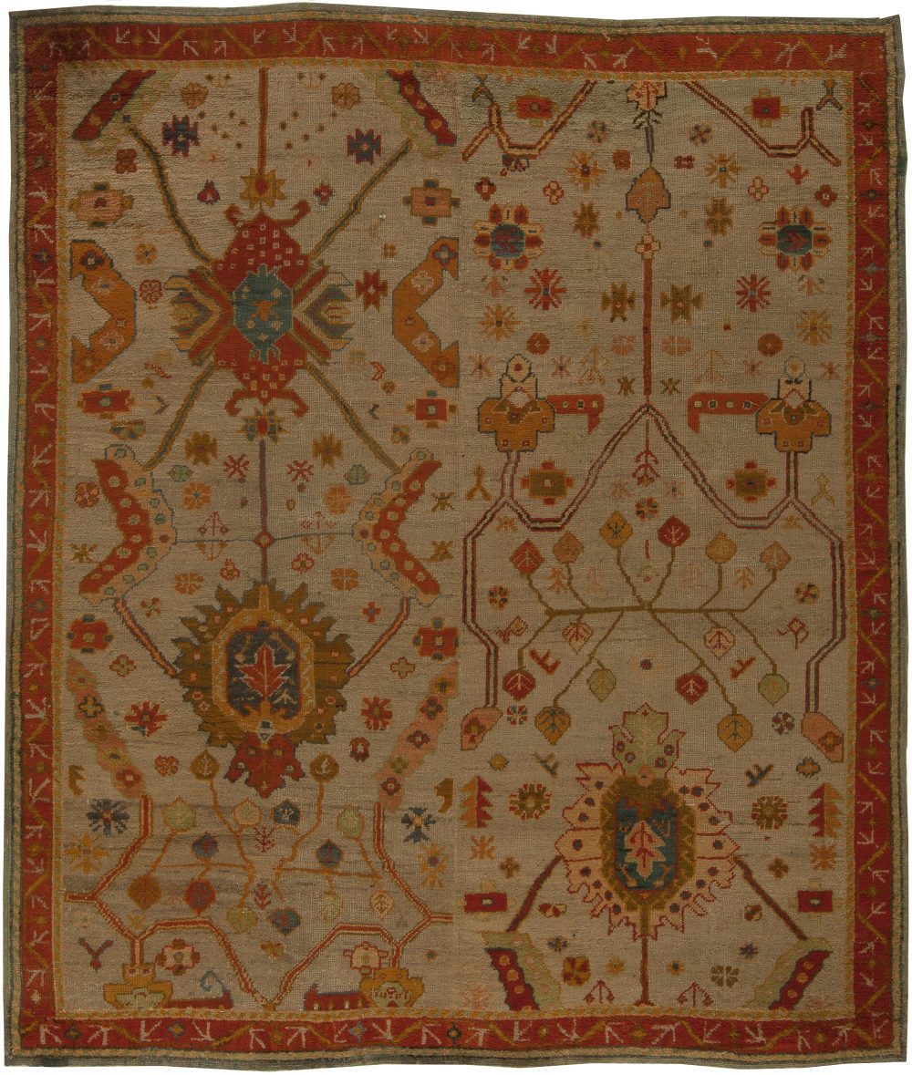 19th Century Turkish Oushak Botanic Beige Orange Handmade Wool Rug (Size Adjusted) BB5449