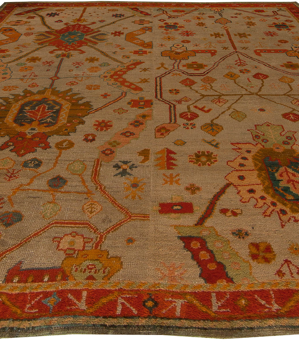 19th Century Turkish Oushak Botanic Beige Orange Handmade Wool Rug (Size Adjusted) BB5449