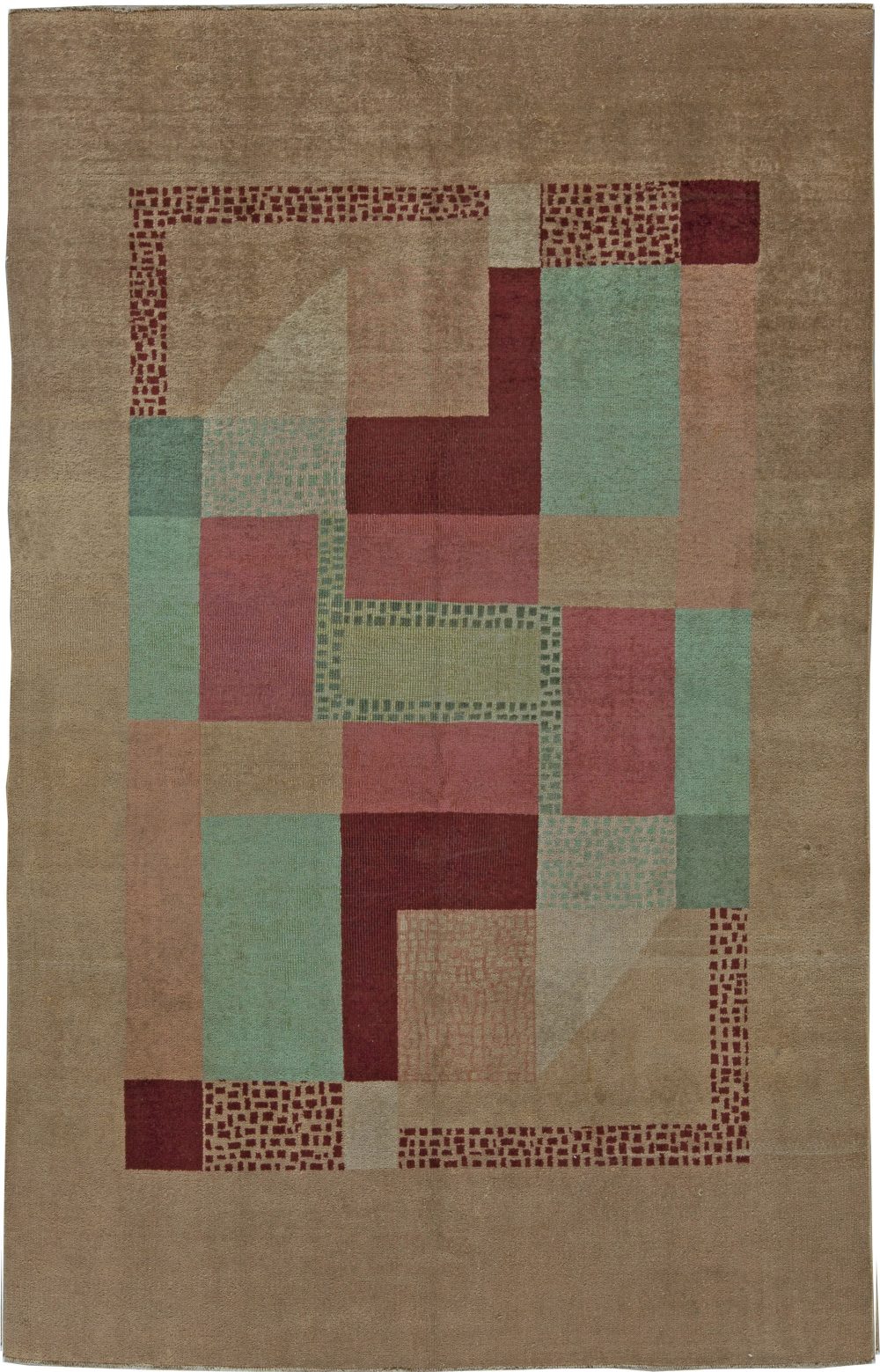 Early 20th Century Art Deco Beige, Green, Pink and Maroon Handmade Wool Rug BB5413