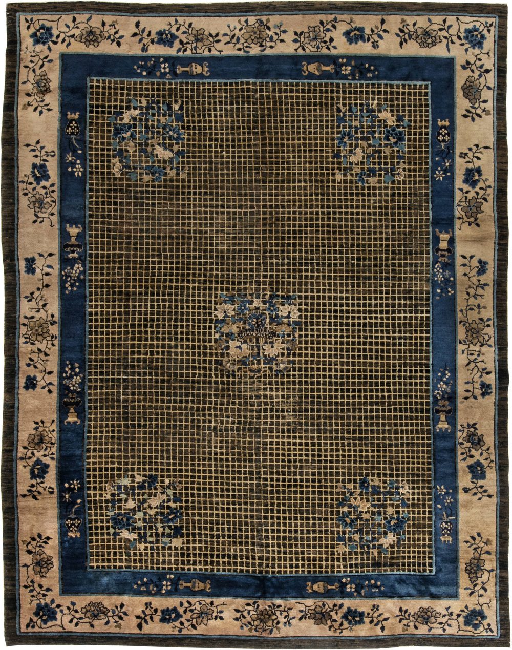 Vintage Chinese Art Deco Dark Brown, Beige and Blue Handwoven Wool Rug BB4022