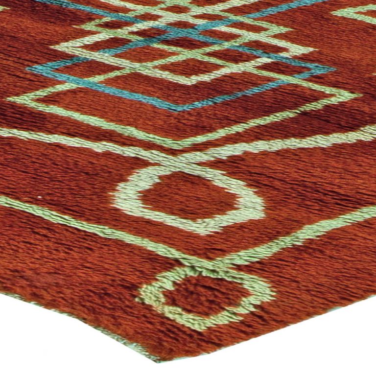 Vintage Art Deco Deep Maroon, White & Blue Wool Rug BB5832