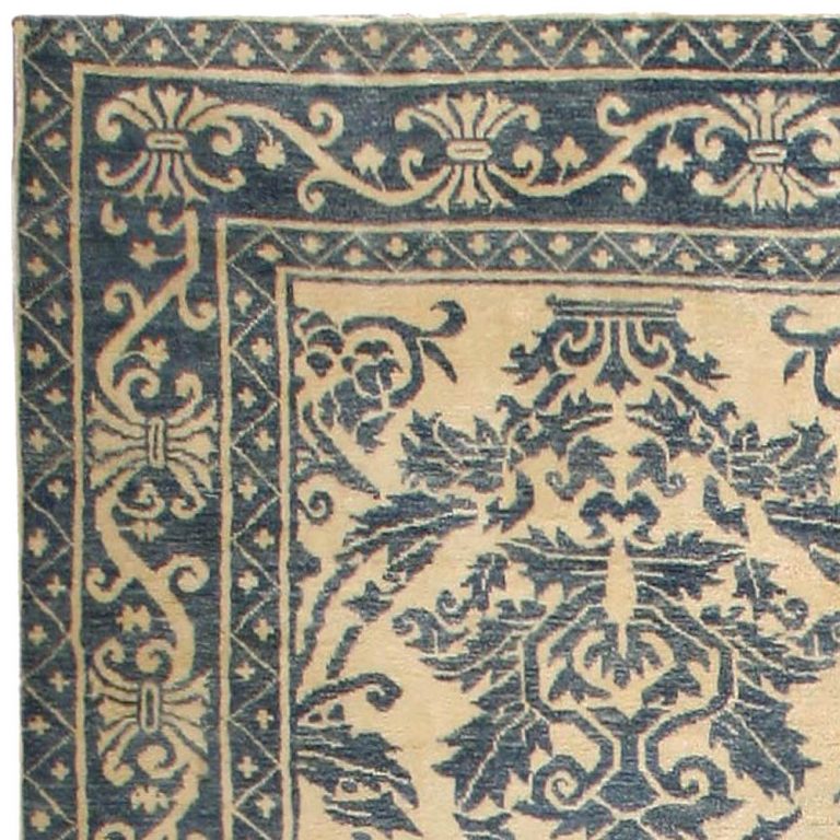Vintage Chinese Art Deco Dark Blue and Beige Handwoven