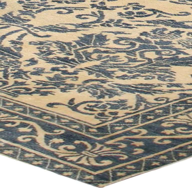 Vintage Chinese Art Deco Dark Blue and Beige Handwoven