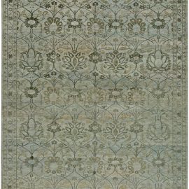 Traditional-Style Tabriz Floral Pale Sand Hand-Knotted Silk Carpet “Aquafleur” N11197