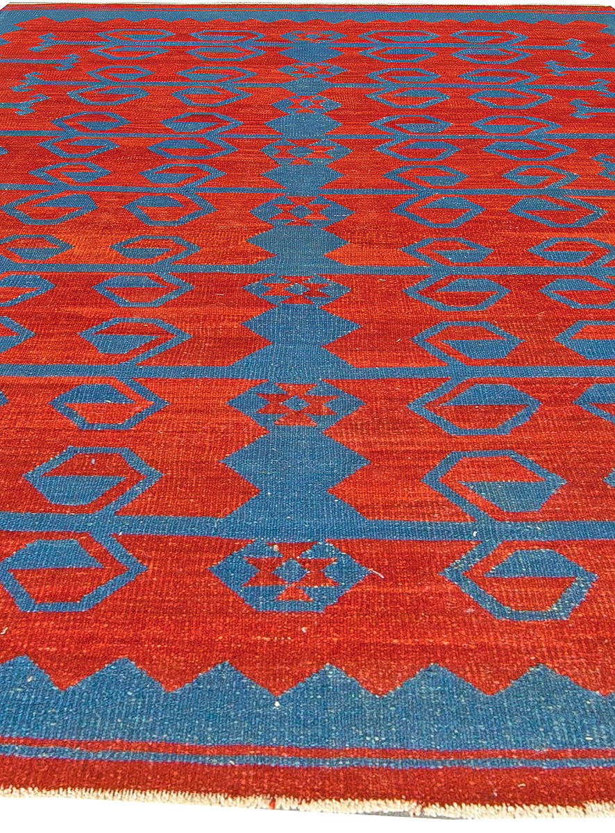 Contemporary Bright Red and Blue Dangelo Hand Knotted Wool Kilim Rug N10758