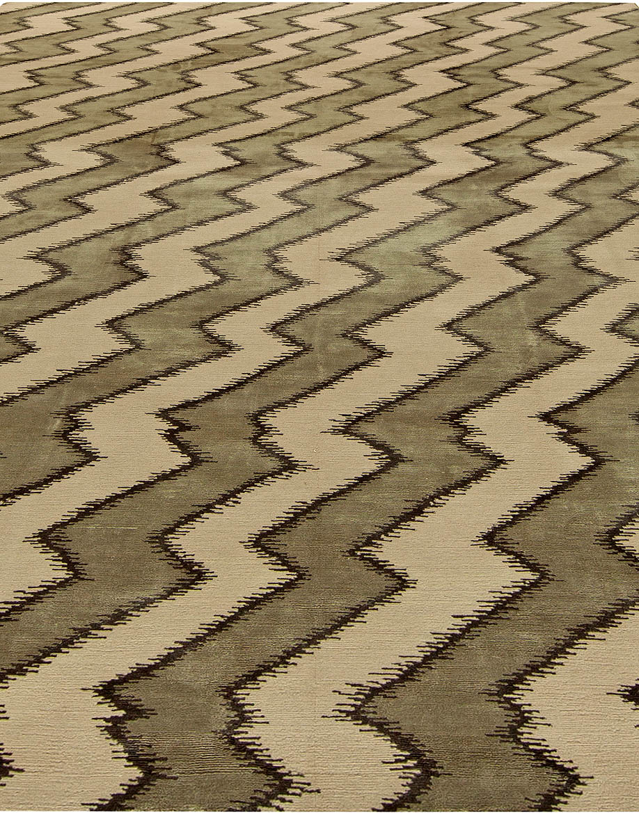Doris Leslie Blau Collection Zigzag Design Khaki and Beige Handmade Rug N11319