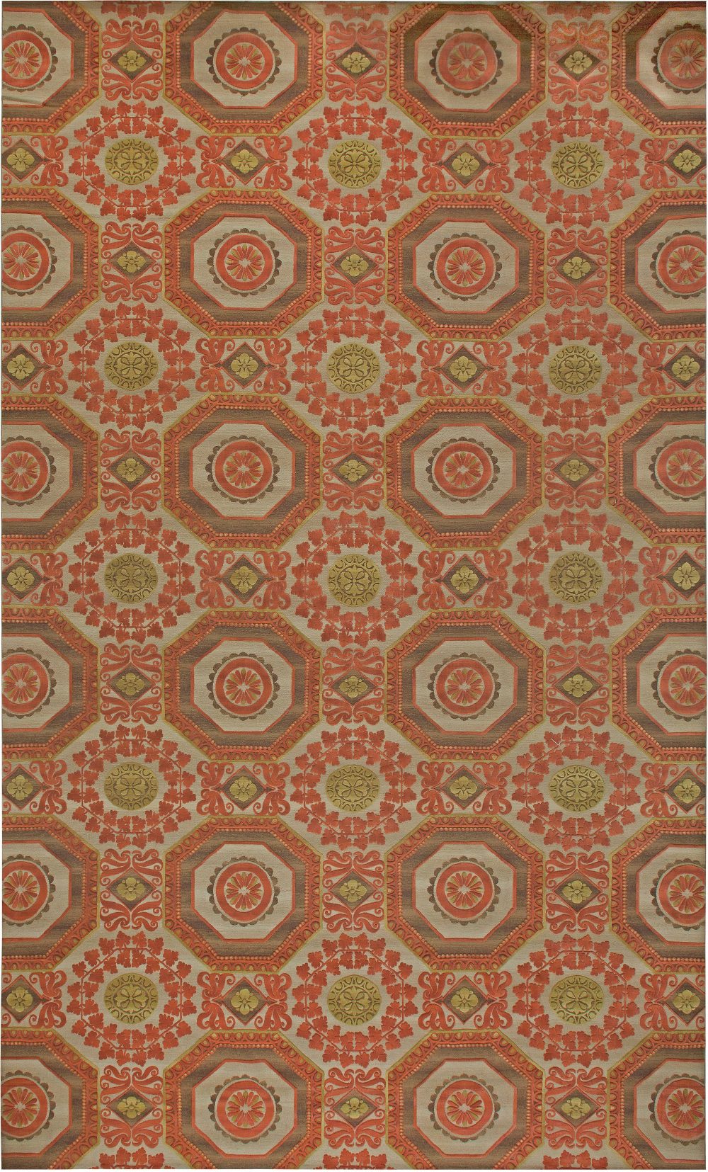 Doris Leslie Blau Collection Oversized “Insolite” Coral Red, Brown and Green Rug N11088