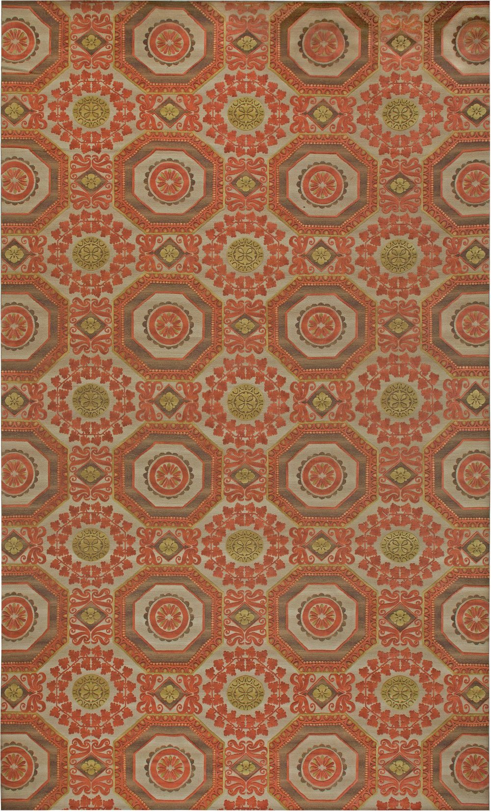 Doris Leslie Blau Collection Oversized “Insolite” Coral Red, Brown and Green Rug N11088