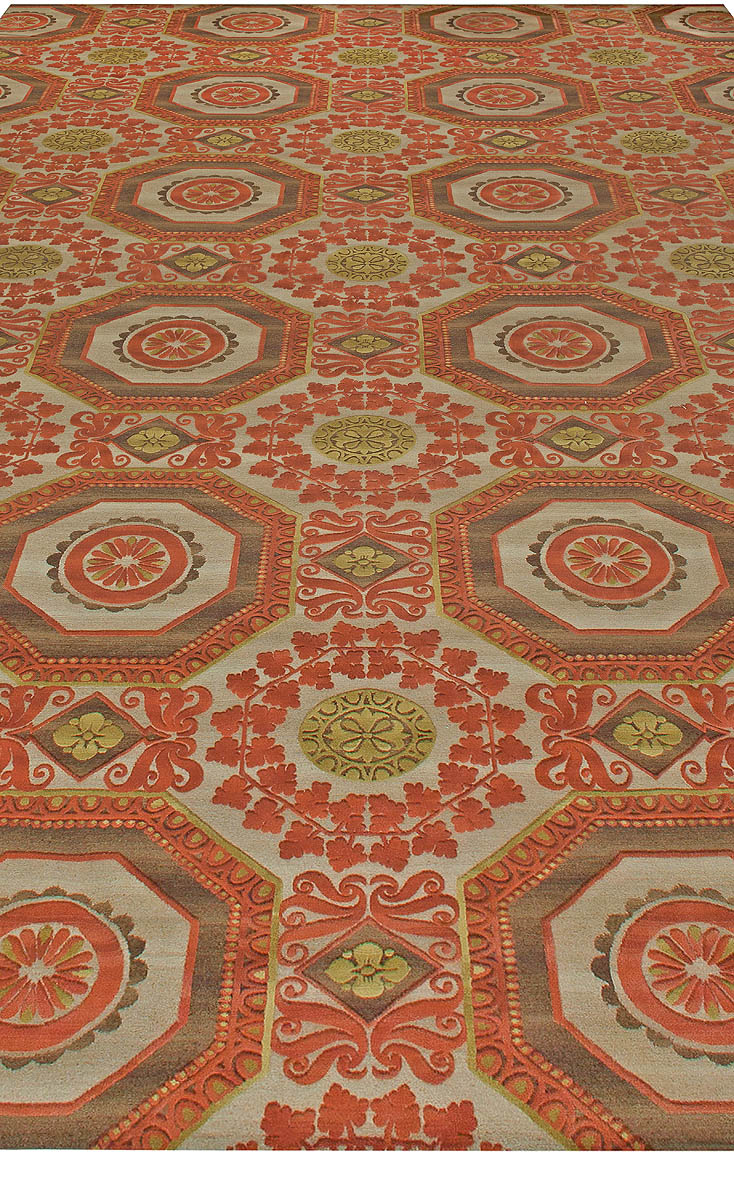 Doris Leslie Blau Collection Oversized “Insolite” Coral Red, Brown and Green Rug N11088