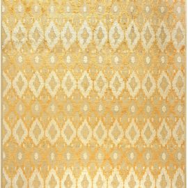 Oversized Modern Kasuri-Inspired Ikat Diamond Cream Beige Hand-Knotted Angora Wool Rug “Aureate” N11091