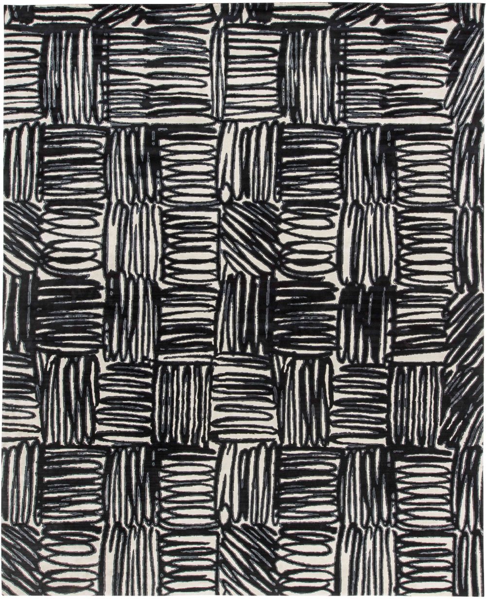 Doris Leslie Blau Collection Ecriture Black, Off White Handmade Silk & Wool Rug N11406