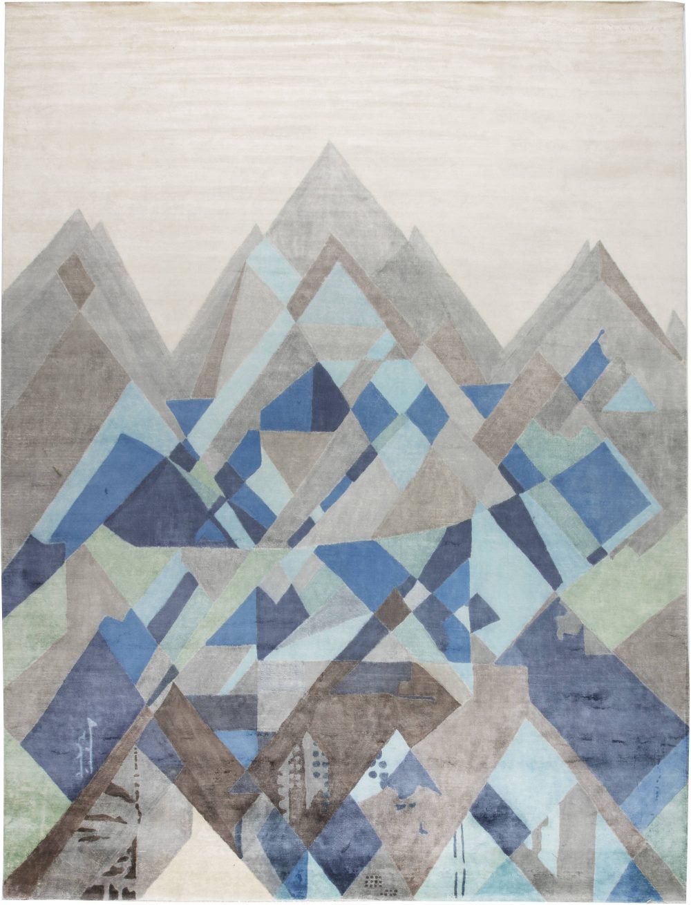 Doris Leslie Blau Collection Everest Design Silk Rug in White, Blue and Gray N11688
