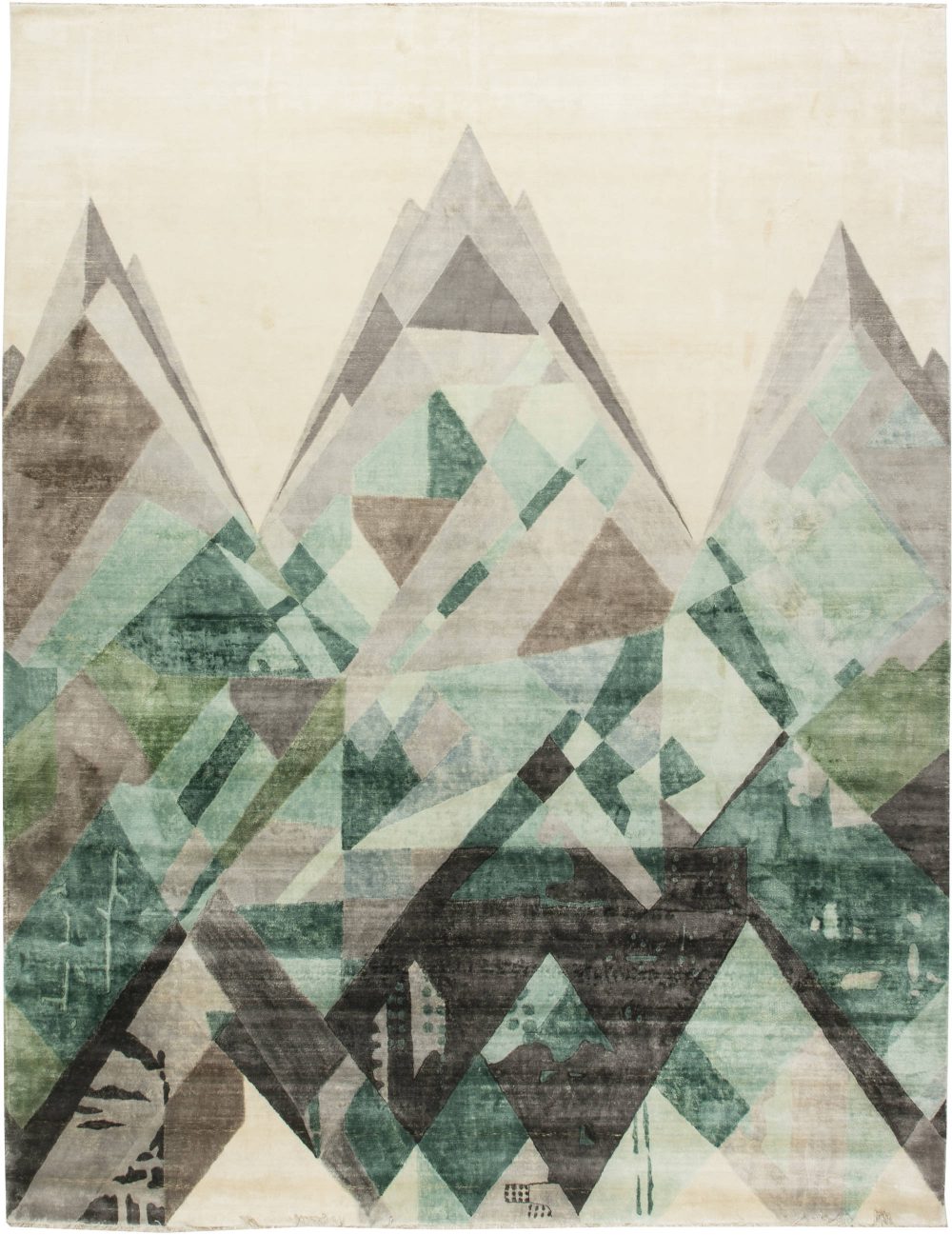 Doris Leslie Blau Collection Everest II Design Green Gray Ivory Silk Wool Rug N11682