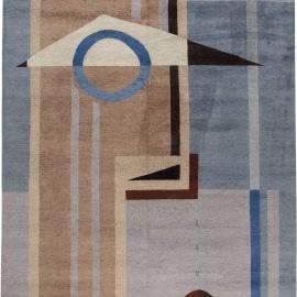 Modern Art Deco Designed Pale Brown and Blue Hand Knotted Rug N11432