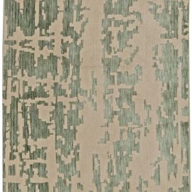 Abstract Modern Weathered Pixelation Warm Tan With Sage Handmade Wool & Silk Runner “Verdigris” N11065