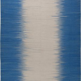 Contemporary Art Deco Geometric Light Beige And Blue Flatweave Wool Carpet “Cascade” N10855