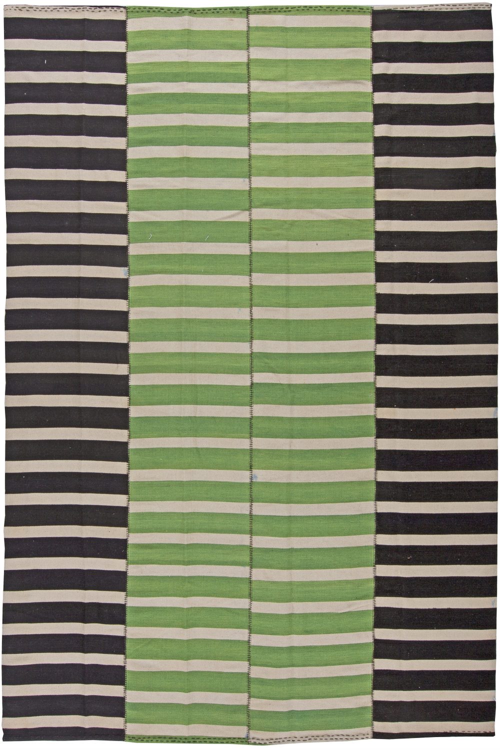 Doris Leslie Blau Collection Turkish Striped Green, Black, Off White Kilim Rug N10854