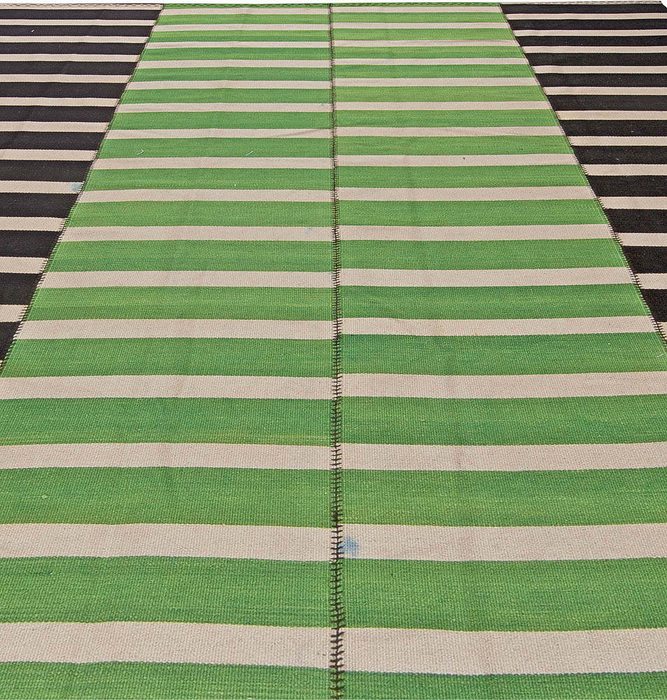 Doris Leslie Blau Collection Turkish Striped Green, Black, Off White Kilim Rug N10854