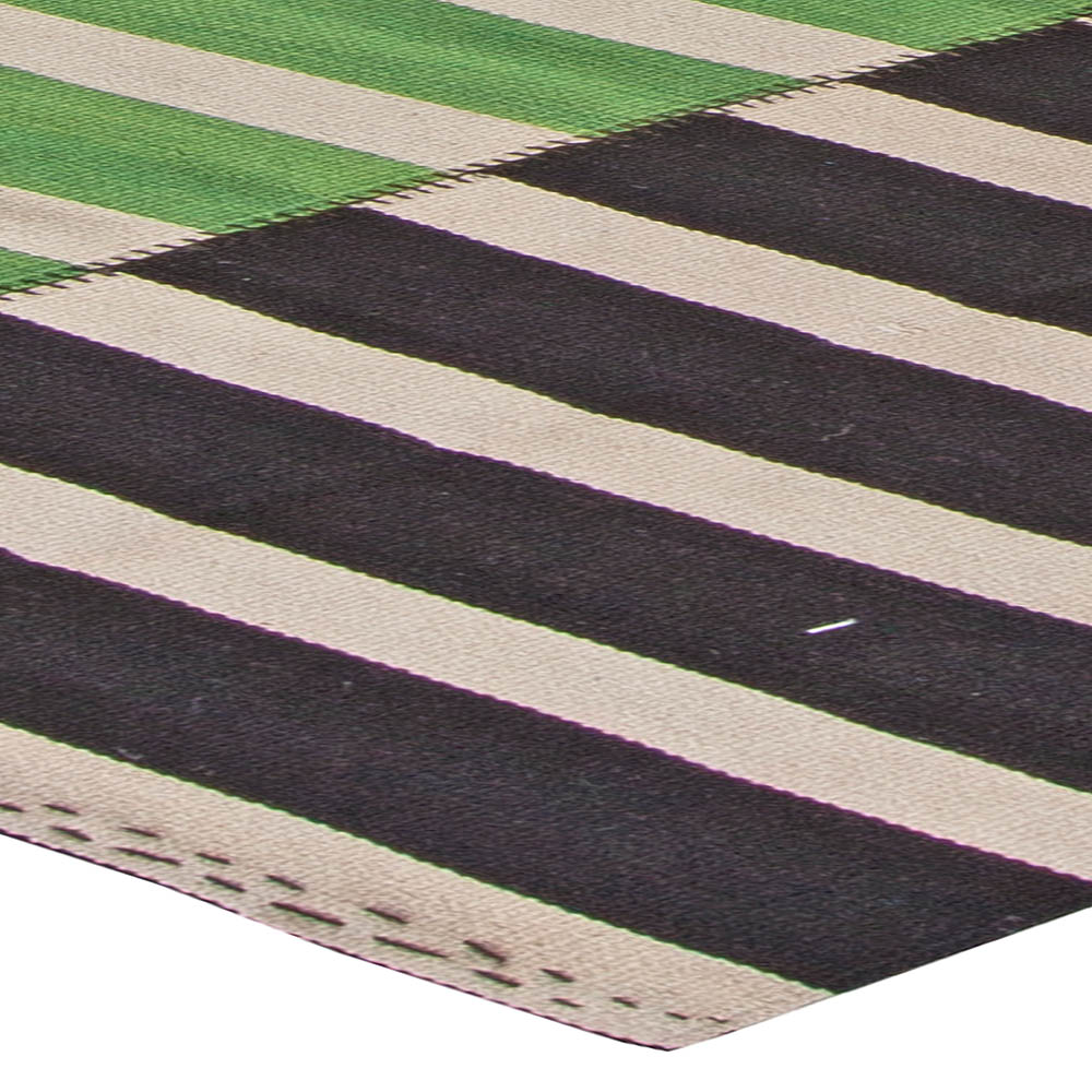 Doris Leslie Blau Collection Turkish Striped Green, Black, Off White Kilim Rug N10854