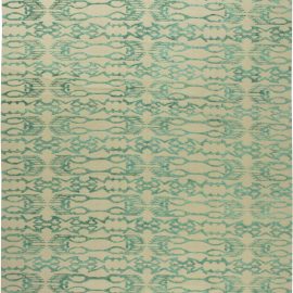 Abstract Light Beige With Teal Handmade Wool & Silk Contemporary Carpet “Malachite” N11281