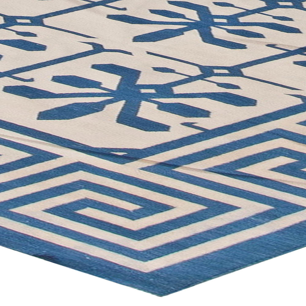 Doris Leslie Blau Collection Indian Dhurrie Blue and White Handmade Cotton Rug N11019