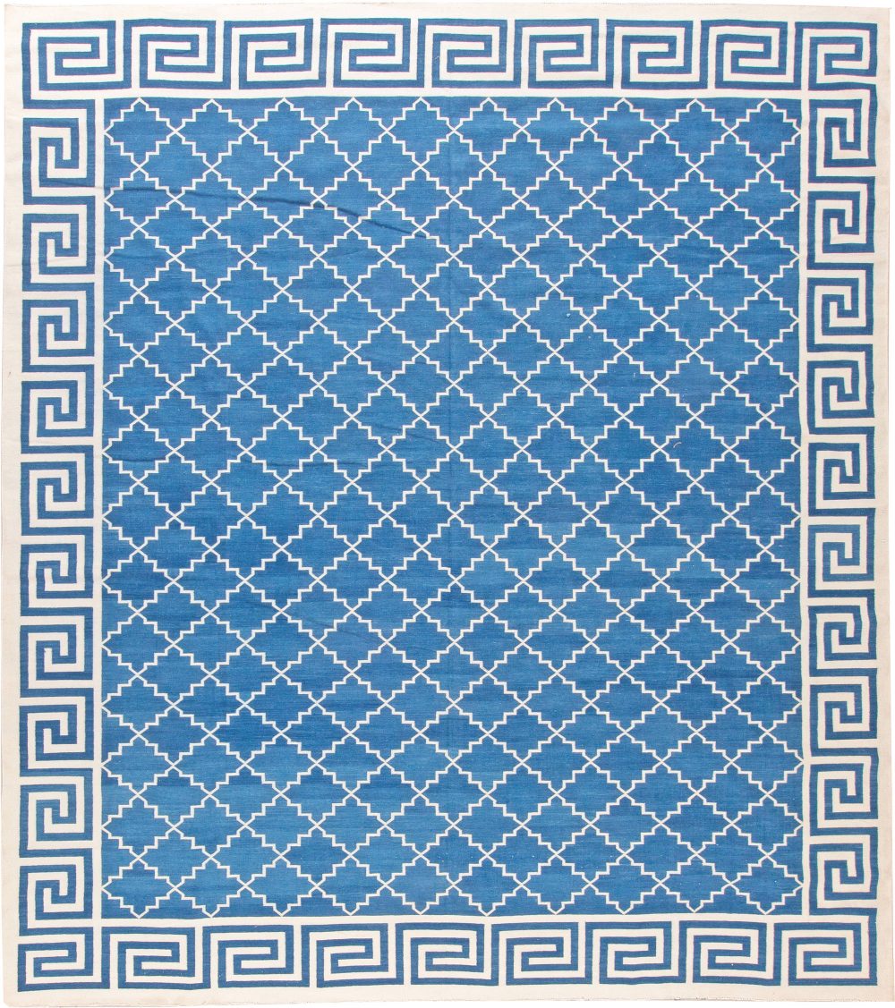 Contemporary Indian Dhurrie Blue and White Handwoven Cotton Rug N11016