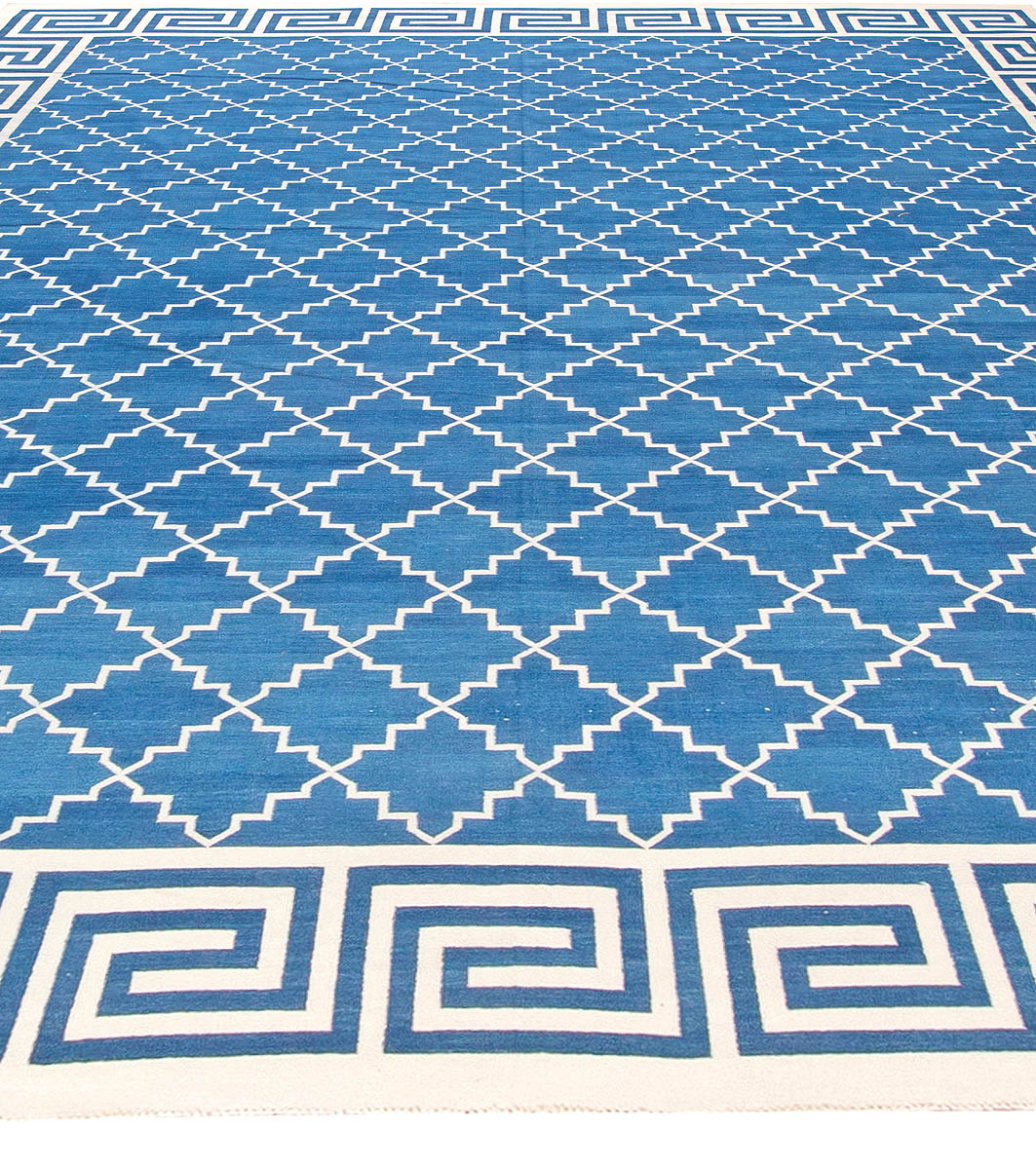 Contemporary Indian Dhurrie Blue and White Handwoven Cotton Rug N11016