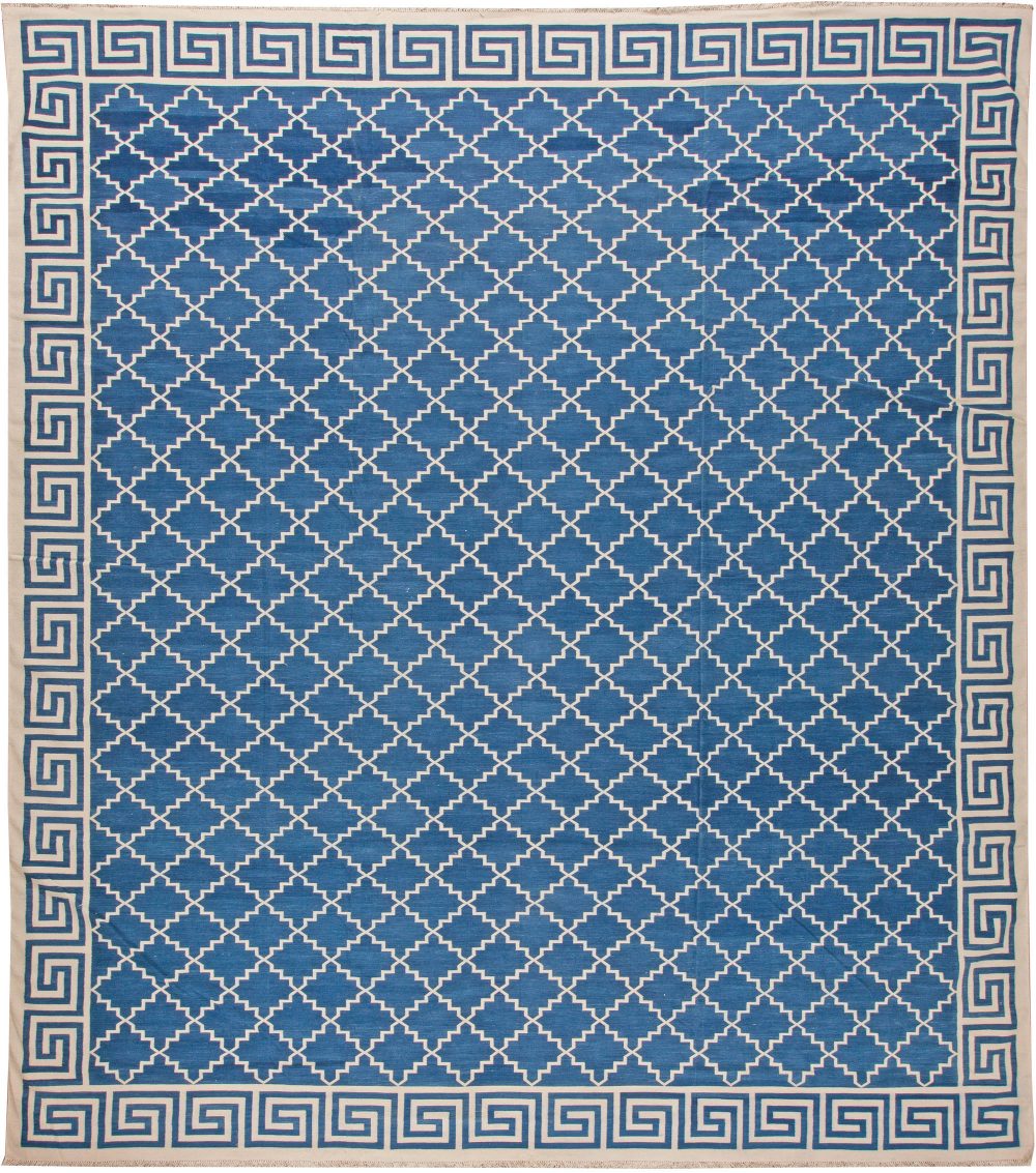Indian Dhurrie Off-White and Indigo Flat-Woven Cotton Rug N11018