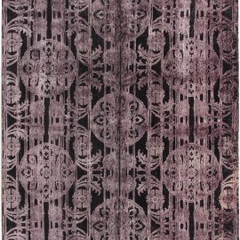 Charcoal With Mauve Hand-Knotted Damask-Style Rug “Medalia” N11596