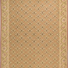 Aubusson-Inspired Traditional Geometric Warm Tan Hand-Knotted Wool Rug “Geofleur” N11436