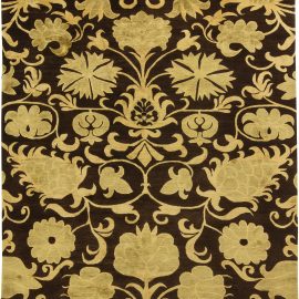 “Floralia” Modern Damask Botanical Warm Tan And Brown Handmade Wool & Silk Rug N11555