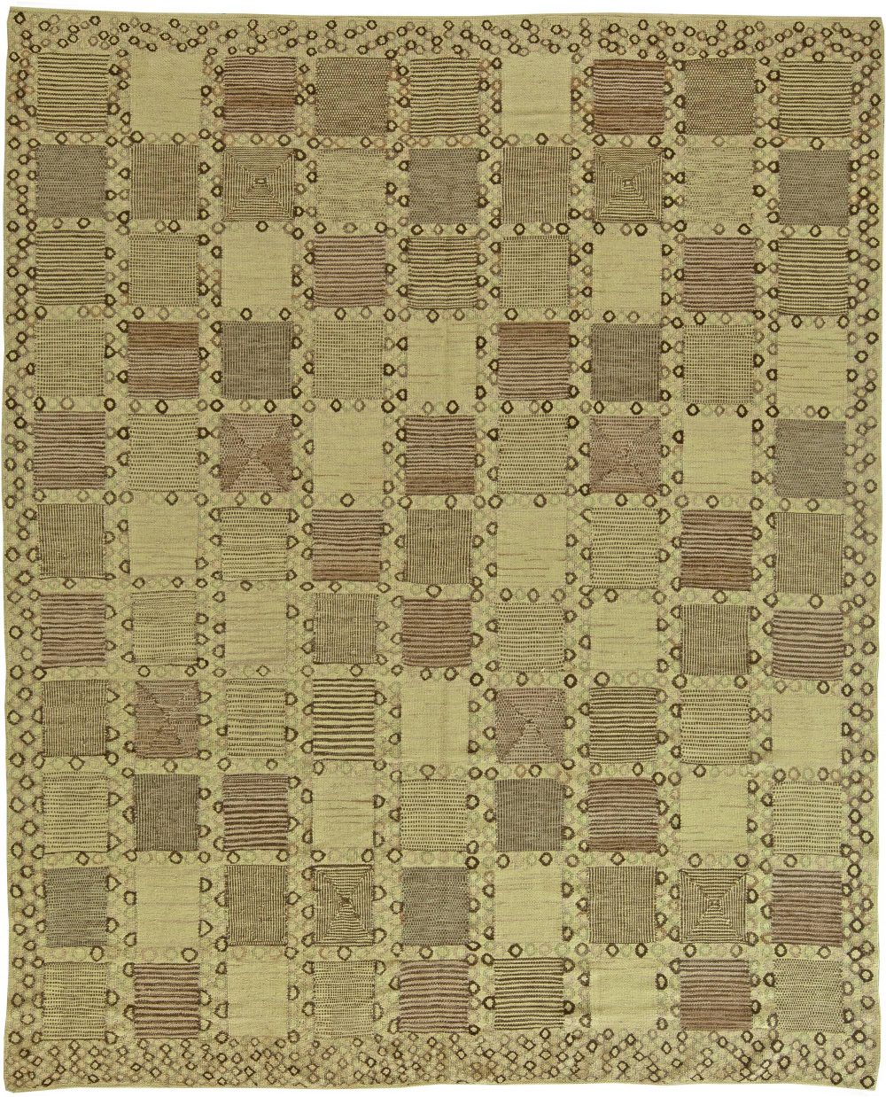 Swedish Design pastel Green, Olive and Brown Hand Knotted Wool Rug N11210